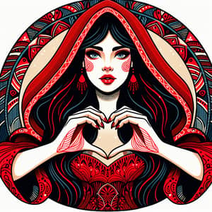 Ancient Slavic Mythology Art: Woman in Red Cloak Forming Heart Shape