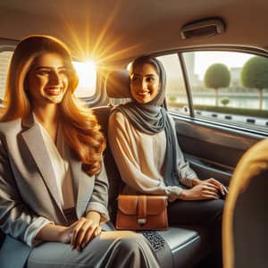 Professional Pakistani Women Enjoying Ride Home in Ride-Hailing Service