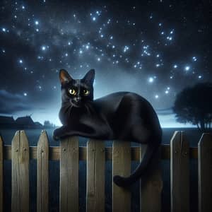Graceful Black Cat on Wooden Fence | Night Sky & Stars