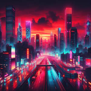 Cyberpunk Cityscape Under Red Night Sky