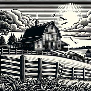 Vintage Farm Scene T-Shirt Design in Black & White