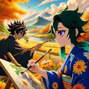Serene Countryside Anime Scene: South Asian Female and Black Male Characters