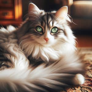 Fluffy Domestic Cat with Bright Green Eyes - White and Grey Stripes