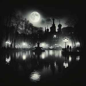Noir Style Nighttime Scenery at Patriarch's Ponds, Moscow