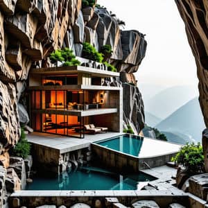 Modern Balcony with Pool on Mystical Mountain Peak View