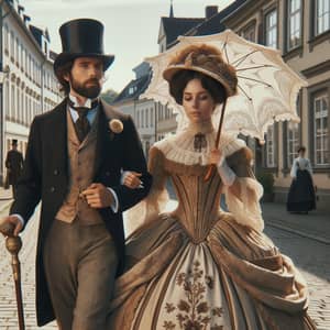 Victorian Couple's Daytime Stroll in Quaint Town