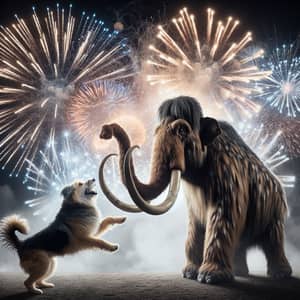 Playful Dog vs Woolly Mammoth: Epic Battle with Explosive Backdrop