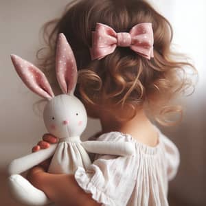 Sweet Interaction: Two-Year-Old Girl Hugging Linen Plush Rabbit