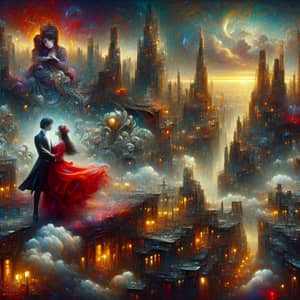Surreal Cityscape Illuminated by Twilight | Young Couple Embracing