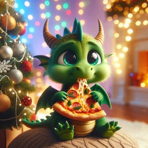 Green Dragon Enjoying Pizza in Cozy Christmas Setting