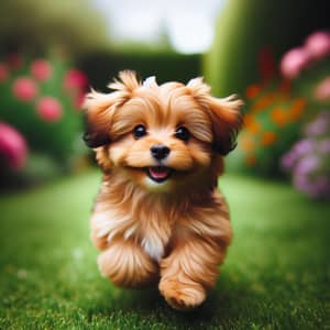 Cute Small Dog with Fluffy Fur in Joyful Garden