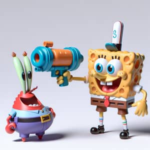 SpongeBob Playfully Aiming Toy Blaster at Mr. Krabs