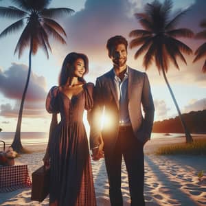 Romantic Sunset Beach Picnic Date - Happy Couple in Silhouette