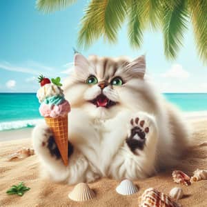 Cute Cat Enjoying Ice Cream on Sunny Beach | Website Name