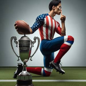 Asian Male Football Player with Trophy on Grass Field