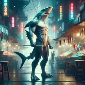 Dystopian Future Shark-Humanoid Creature Entrepreneur in Vibrant Market
