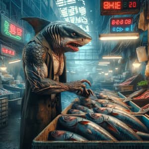 Futuristic Shark-Humanoid in Dystopian Market | Fresh Fish Vendor