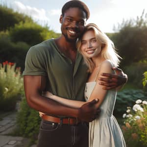 Genuine Companionship Outdoors: Black Man & Blonde Woman Hugging
