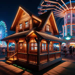 Nighttime Amusement Park with Illuminated Wooden House