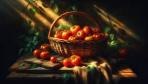 Rustic Still Life of Wicker Basket Filled with Ripe Tomatoes