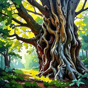 Enchanting Forest Scene with Ancient Hollow Tree | Impressionist Style