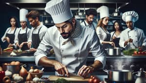 Professional Chef Crafting Gastronomic Masterpiece in Bustling Kitchen