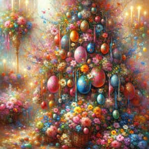 Easter Tree with Colorful Eggs and Spring Flowers | Impressionistic Joy