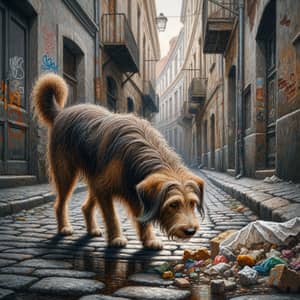 Urban Scene: Stray Dog Curiously Navigating Through Cobblestone Streets
