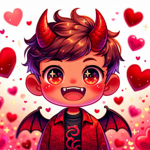 Cute Male Devil Surrounded by Hearts - Enchanting Scene