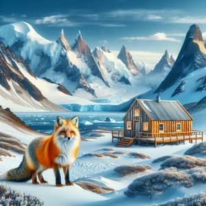 Beautiful Antarctica Scene with Cabin, Fox, and Mountains