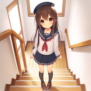 Cute Anime High School Girl in Sailor Uniform and Japanese Shoes