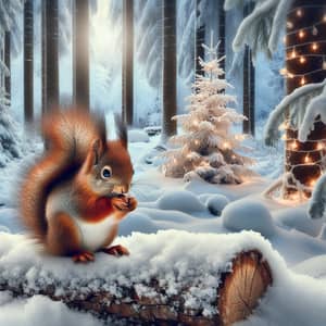 Enchanting Winter Woodland Scene with Squirrel and Christmas Tree