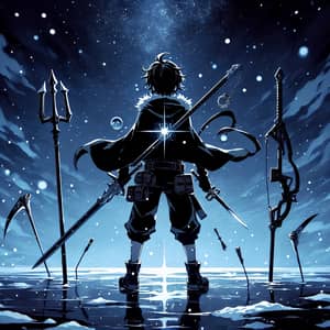 Anime Dark Silhouette Boy with Mystical Weapons Under Starlit Snowy Night