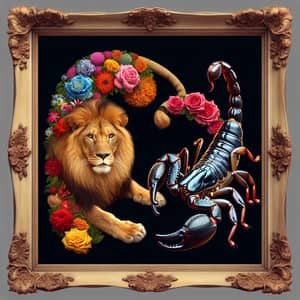 Unique Lion and Scorpion Love Scene in Flower Frame