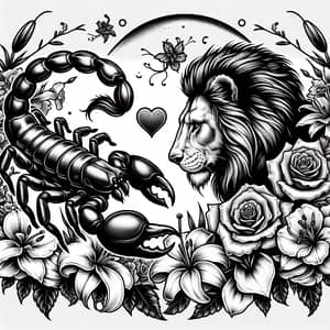 Scorpion and Lion Love: Romantic Black and White Tattoo with Flowers