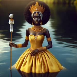 African Goddess Oshun in Yellow Dress Standing in Water