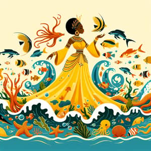 African Goddess Oshun in Yellow Dress Surrounded by Sea Creatures