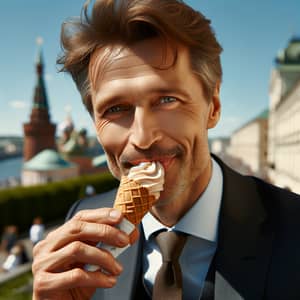 Middle-aged Man Enjoying Ice Cream in Stylish Suit | Cityscape Background