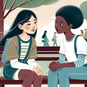 Multicultural Girls Deep in Conversation on Park Bench