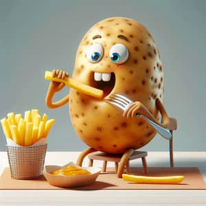 Potato Character Eating French Fry - Cartoon Setting