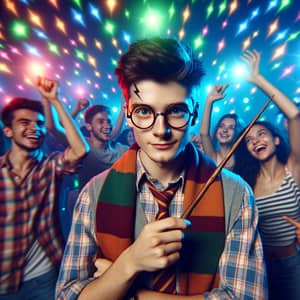 Young Wizard at Vibrant Party with Multicoloured Lights