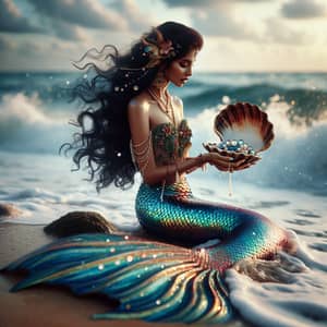 Enchanting South Asian Mermaid Perched on Seashore