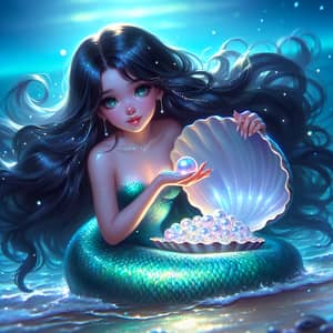 Enchanting Mermaid at Seashore with Turquoise Tail and Shimmering Pearls