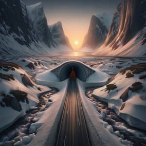Late Winter Road Tunnel Surrounded by Snow-Capped Mountains