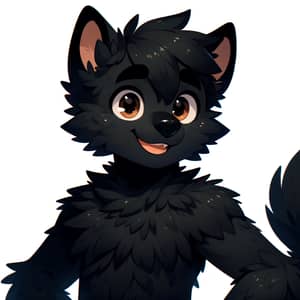 Black Furry Humanoid Character Design with Bright Eyes and Friendly Smile