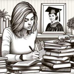 Determined Young Woman Studying for College Finals - Black-and-White Sketch