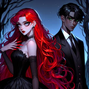 Contrasting Characters in Ambiguous Night Forest - Red-Haired Girl and Green-Eyed Man