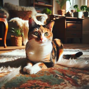 Vibrant Calico Cat on Plush Rug - Cozy Room Setting