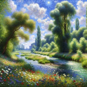 Impressionist Nature Landscape - Tranquil River and Wildflowers
