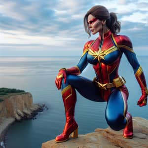 Realistic Superhero Woman Posed on Cliff Overlooking Sea